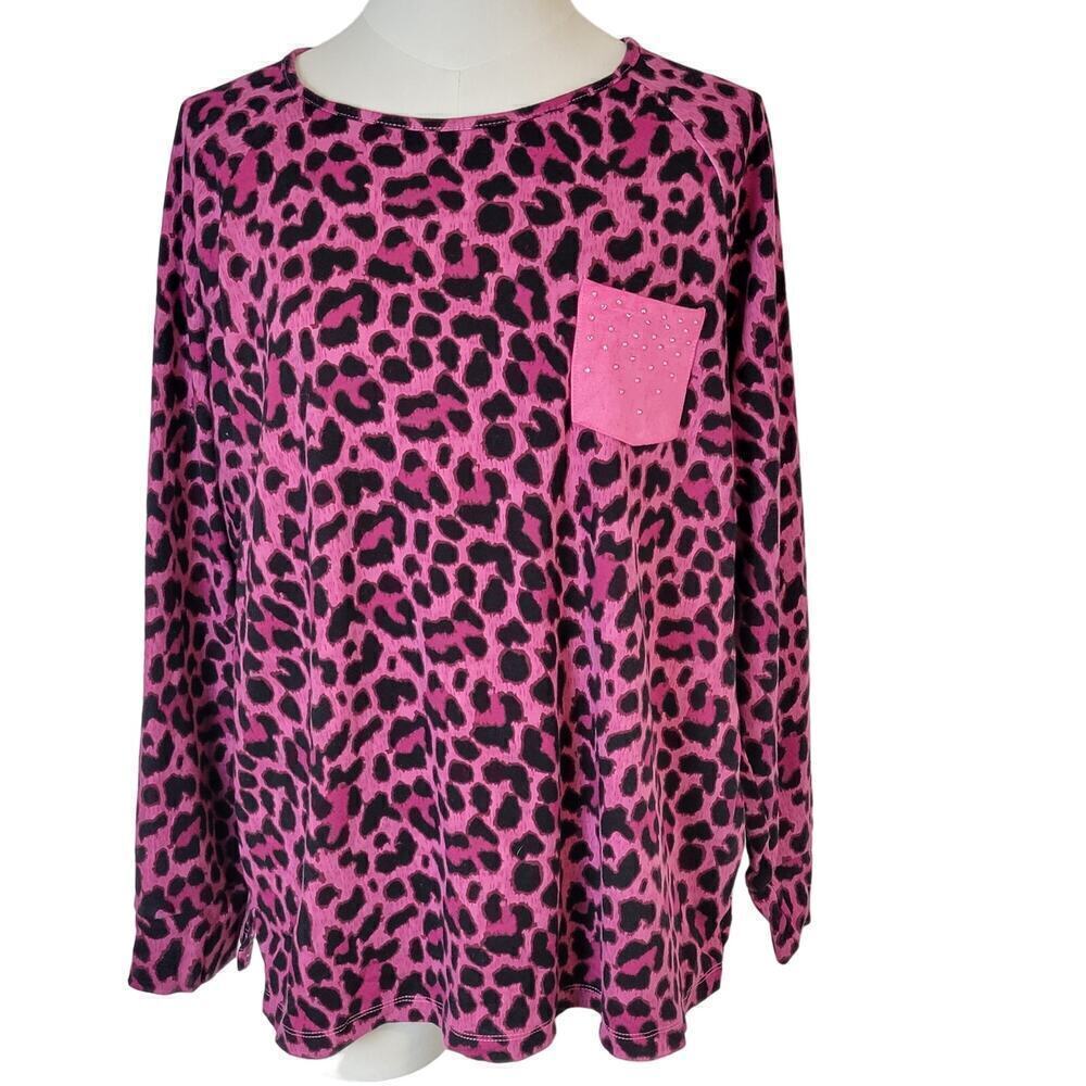 Quacker Factory Womens Cheetah Animal Print Top Sz L Studded‎ Pink Y2k Girly